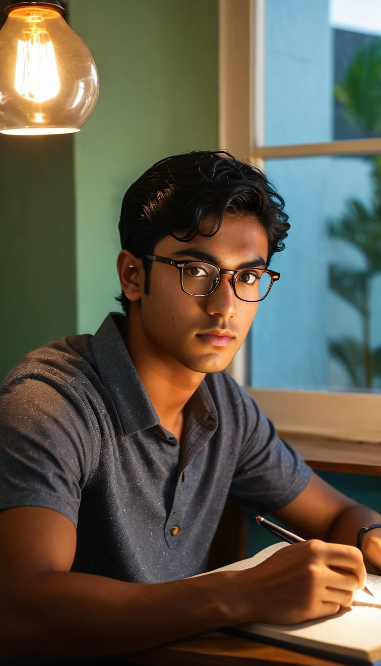 (Photography, Realism: 1.4),
23 years old, male, black hair, smart looking, Maldivian, looking out of classroom window, cinematic lighting, highly detailed eyes, highly detailed face, brown eyes, freckles, glasses, reading in the light of a table lamp, back side camera angle, Do not look in front