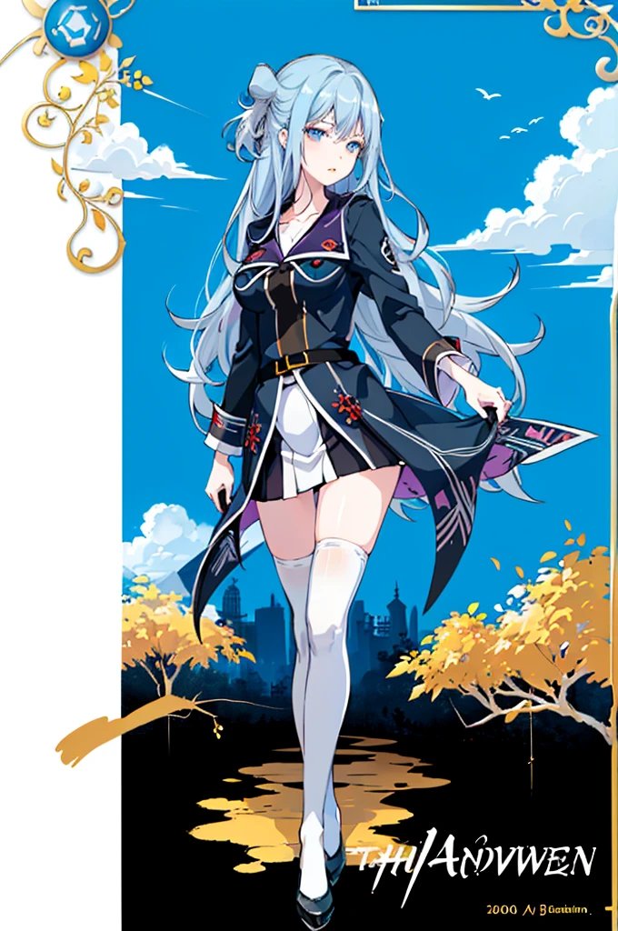 1girl, solo, outdoors, long hair, holy place, Original,(Illustration:1.1),(Best Quality),(masutepiece:1.1),(the Extremely Detailed CG Unity 8K Wallpapers:1.1), (Colorful:0.9),(mid-shot:0.95),(extremely detailed beautiful face),(Solo:1.2), (girl),(((Lori))), (Detailed beautiful eyes:1.15), (Beautiful face:1.15), (Glowing blue eyes:1.25////),(((sky blue Long Hair))),(two side up),(+perfect hand+:1.21),(Draw illustration of Japan priestess costume),(slender),(White pleated skirt),(Gothic),((black thighhighs)),(frilld),(Beautiful Slender Lolita Girl),hallowween,standing, girl,, girl,foggy place,vampire,sky blue hair,(((full body,whole body))),((black thighhighs)),white clothes,((black thighhighs)),((black thighhighs)),white Japan priestess costume,