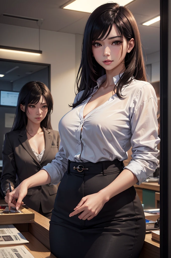 cowboy shot,2girls, japanese,beautiful browneyes, beautiful lips,((seductive smile)) ,flat chest, longeyelashes,((slender)),black hair,dod cut ,looking away,displeased, Cardigan, office lady, (professional business attire), office setting, (highres,masterpiece:1),detailed,(realistic,photorealistic,photo-realistic:1),HDR,UHD,studio lighting,ultra-fine painting,sharp focus,physically-based rendering,extreme detail description,professional,vivid colors,bokeh,intricate details,highly realistic,photorealistic portrait