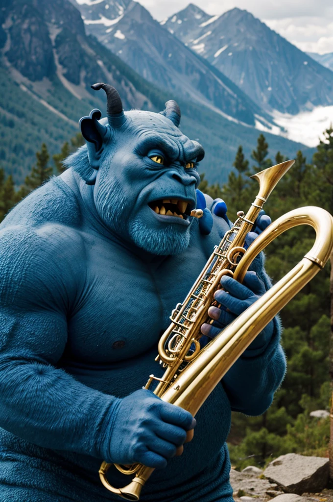 Blue ogre in the mountains playing trumpet, angry