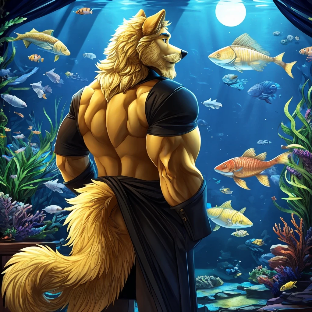 anthropomorphic golden retriever and husky mix, muscular, looking at a aquarium full of big fishes, no shading, simple, brown beard and moustache, blond fur, back view, night, black coat with yellow details, simple coloring, no shadows