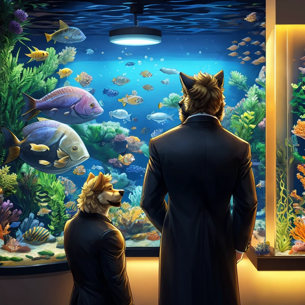 anthropomorphic golden retriever and husky mix, muscular, looking at a aquarium full of big fishes, no shading, simple, brown beard and moustache, blond fur, back view, night, black coat with yellow details, simple coloring, no shadows