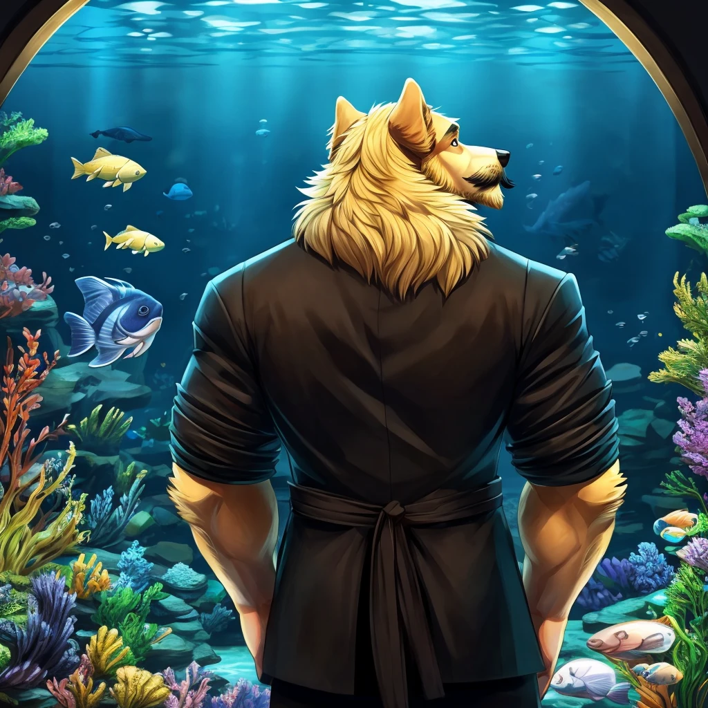 anthropomorphic golden retriever and husky mix, muscular, looking at a aquarium full of big fishes, no shading, simple, brown beard and moustache, blond fur, back view, night, black coat with yellow details, simple coloring, no shadows