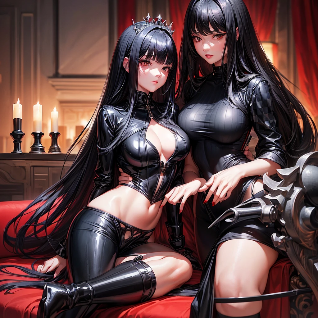A most Beautiful himecut hairstyle black long hair with bangs,busty,chess queen,keen eyes,russian femal face,glossing lips,(((black bodysuit with red checkered detail))),black stocking with red trim,silver crown ,sexy pose on sofa,medieval,chess theme,ultra realistic,high detail character,4k,high resolution