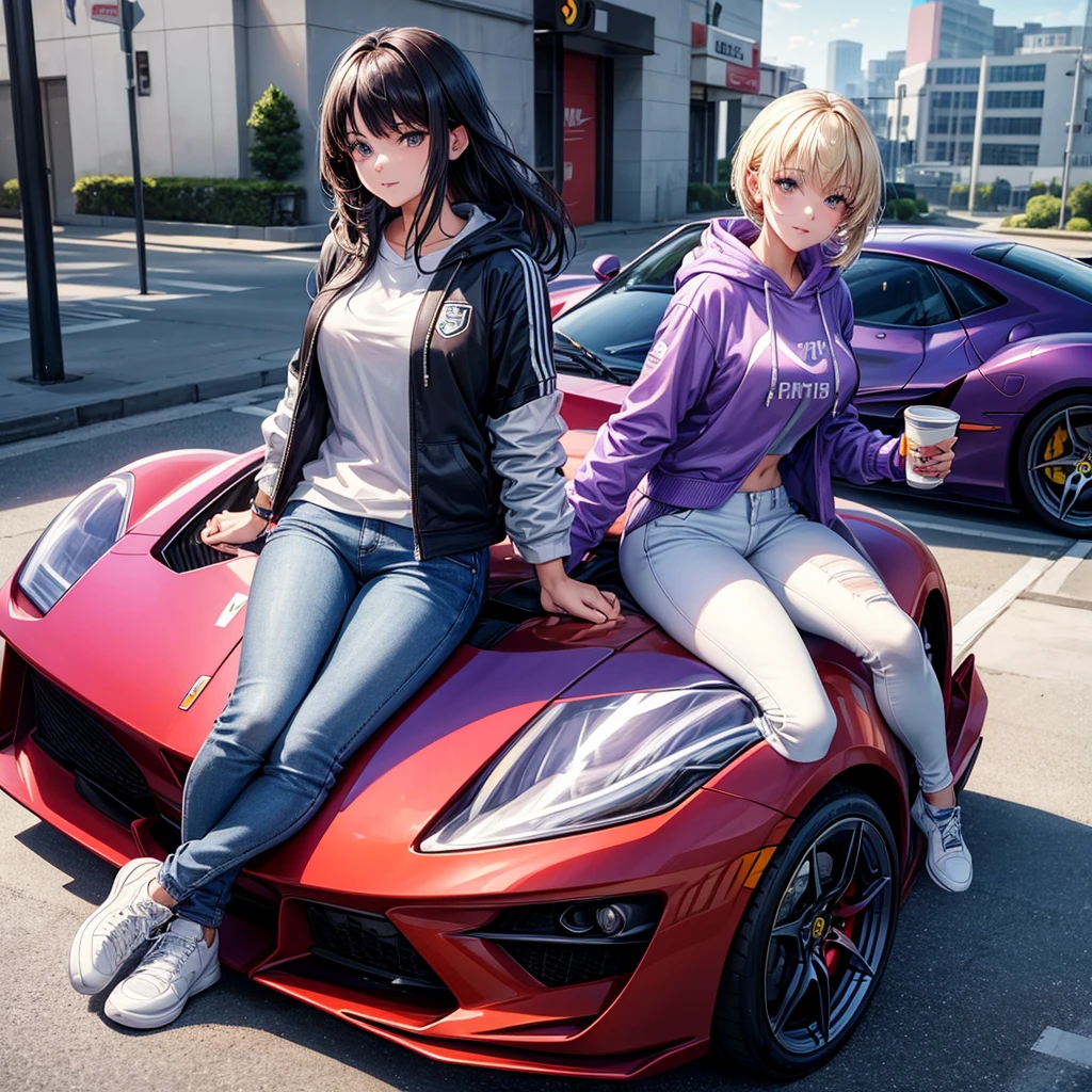 A beautiful young woman wears a hoodie jacket and in the middle of the jacket there is writing "FEI_OTHER" jeans trousers, white Nike shoes,was sitting in front of a purple Ferrari sports car and a woman was holding a cup of coffee in her hand,sports car parking background. HD image quality