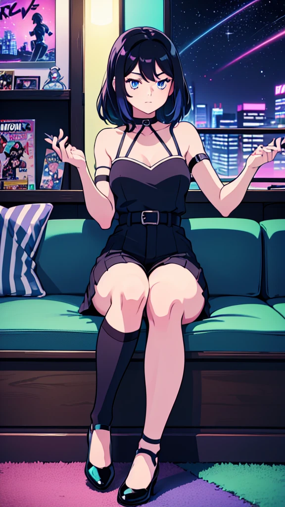 (masterpiece), Highest quality, Expressive eyes, Neon pastel aesthetics, Retro 90s, Neon color,((Girl sitting on sofa,In a cozy room,Records hanging on her wall, Comic books on the floor, Looking out the window behind her at the night city, Upholstered room, Anime figures lined up on a shelf)), Wearing headphones, (All around her it sparkles), (Wearing high socks and heels), (blue eyes), (Soft look), (Synthwave Art Style), Colorful Hair, Desk with PC set up