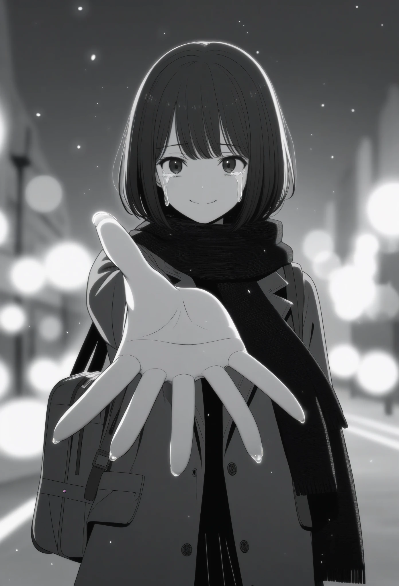 masterpiece, best quality, 1girl, mamerakkkkko, grayscale, manga style, japanese, chi no wadachi, black eyes, street, iced, black hair, schoolbag, smile, lineart, black coat, black scarf, black pleated skirt, leggins, centered, 18 years old, tall, fair skinned, bokeh background, crying, tears, tears streaming, bob cut, light particles, centered, snowing, (((reaching out left hand to viewer, perfect hand, detailed hand:1.1)), emotional anime scene
(very aesthetic, best quality, ultra detailed), intricate details
