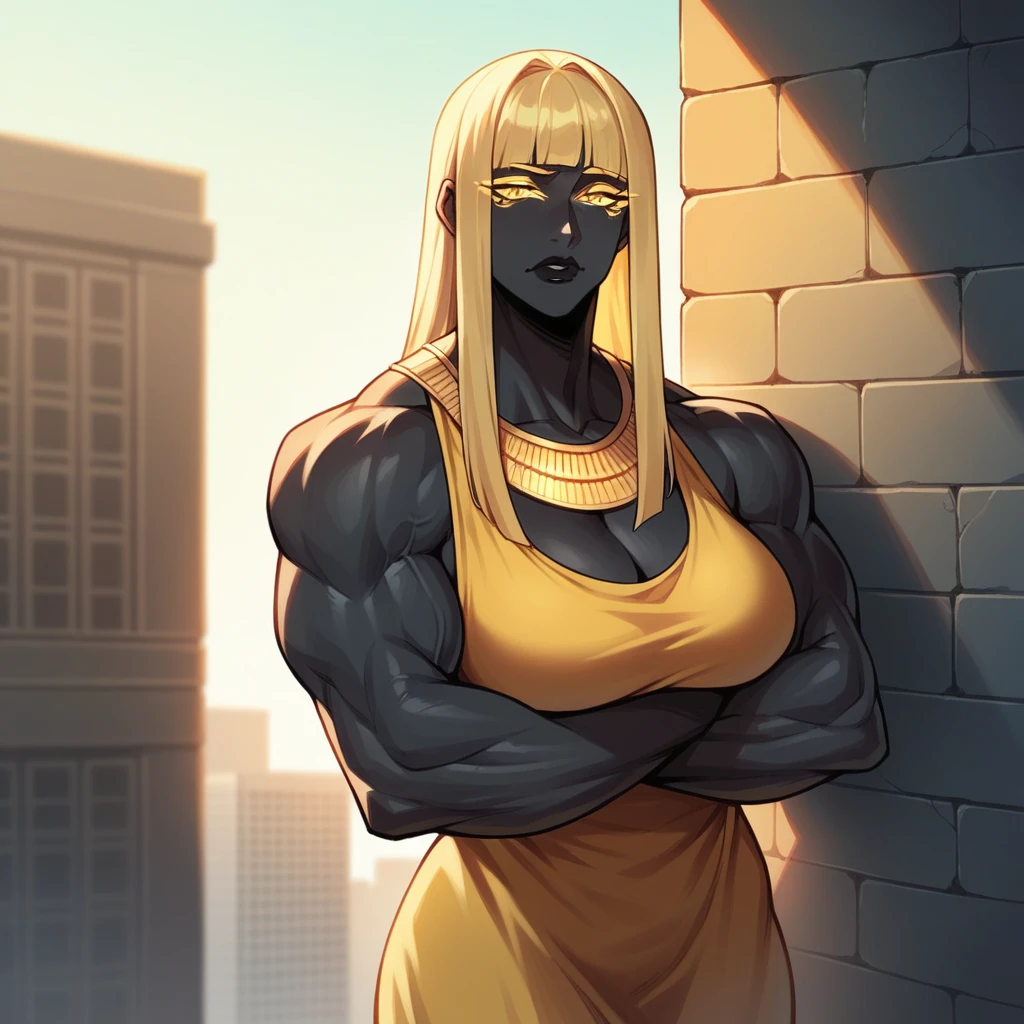 black buff strong woman character, muscle arms, muscle body, buff body, tall woman, black skin, full black skin, strong arms, long fringe hair, blonde hair, blonde fringe hair, fringe hair, dragon scales in body, black lips, egypt hair, milf, yellow lights, morning, city background, scales, mature woman, scale in arms, shy smile, black and golden dress, golden necklaces