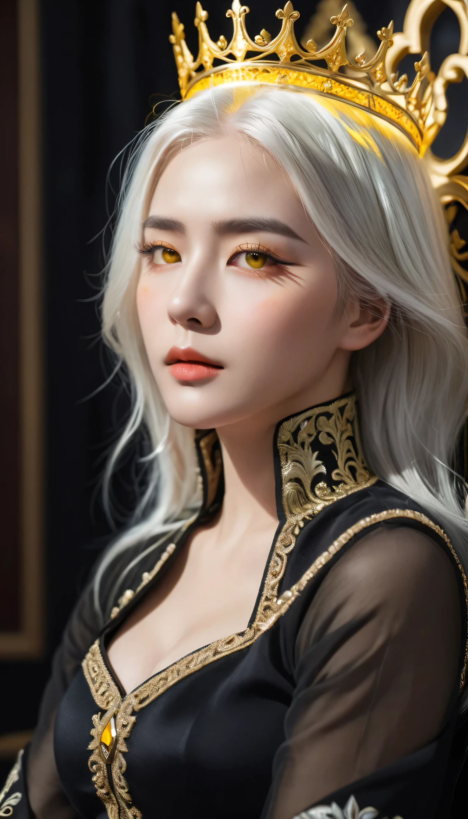 Hyperrealistic art, regal theme, low angle shot, highly detailed and intricate. A solo female with a perfect body, white hair, and glowing yellow eyes, dressed in black see-through clothes with an emperor’s aura. She’s wearing a crown, sitting on a throne, her eyes slightly closed and looking downward with a shy expression. The scene captures her turning her head, highlighting her detailed makeup and the high contrast lighting. The background is illuminated with cinematic light, creating a colorful and extremely delicate atmosphere.
