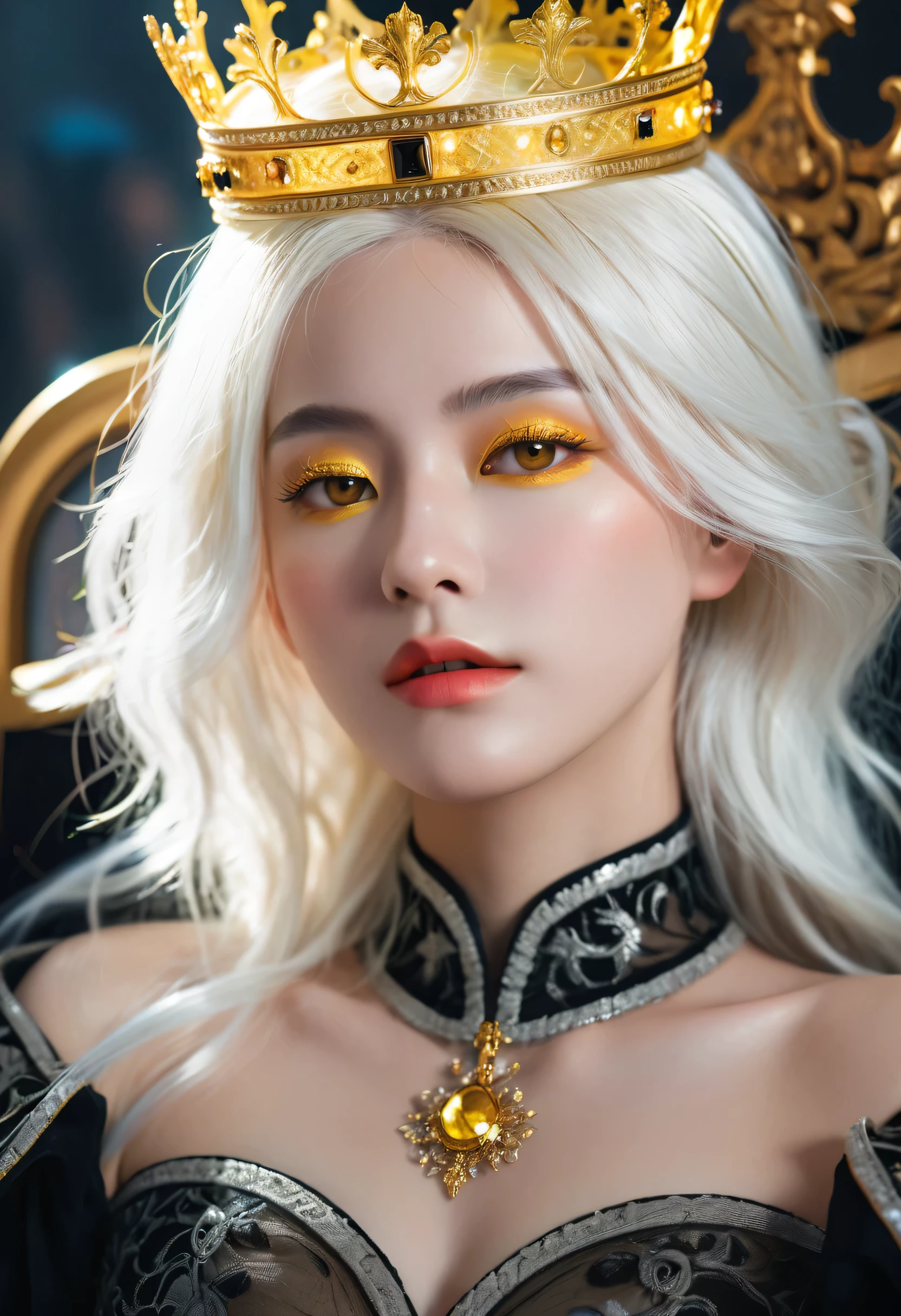 Hyperrealistic art, regal theme, low angle shot, highly detailed and intricate. A solo female with a perfect body, white hair, and glowing yellow eyes, dressed in black see-through clothes with an emperor’s aura. She’s wearing a crown, sitting on a throne, her eyes slightly closed and looking downward with a shy expression. The scene captures her turning her head, highlighting her detailed makeup and the high contrast lighting. The background is illuminated with cinematic light, creating a colorful and extremely delicate atmosphere.