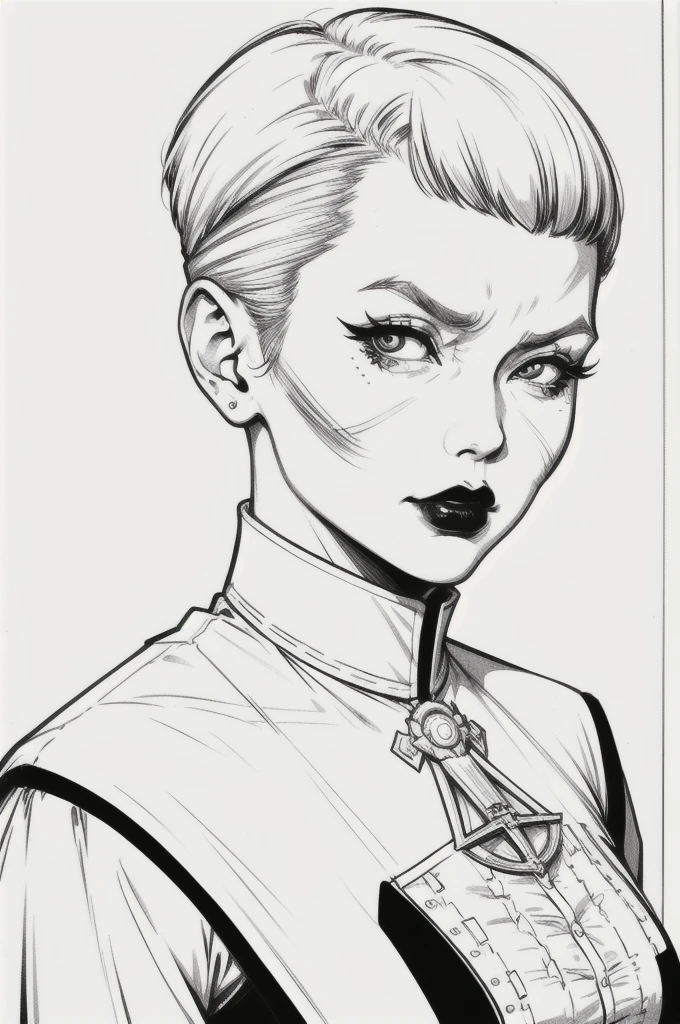 Drawing of a mature woman, realistic portrait, upper body, goth asian girl, white hair, channel haircut, mad face, rebel outfits, punk, horror look. Best lineart, clean flat lineart, Black and white monochrome, thin pen lines. No colors or shading. Flat white background
