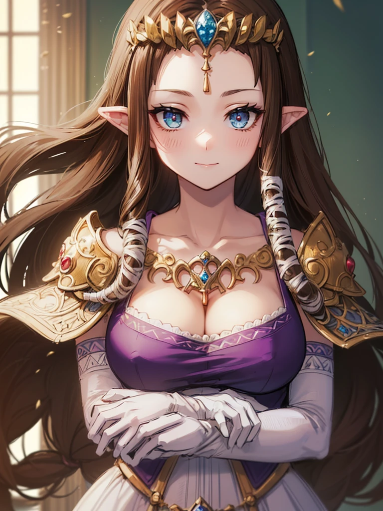 ((非常にBeautiful Face)),((非常にdetailedな衣服)),(((Face close-up))),(((No background))),(Smile),(((Place your hand on your chest)))))),((Upper Body)),((alone)),(())),Anime art style,masterpiece,(Highest quality), (Super detailed),(Very delicate and beautiful),(alone),(detailedな顔と目),Beautiful eyes like jewels,(A truly gorgeous jeweled ruffled rococo ball gown dress),(((Mature Woman,Queen))),((1 Queen in a beautiful embroidery and jeweled absolutely gorgeous rococo ballgown dress with voluminous full length hoop skirt)),((crinoline)),,((Straight hair galore,Very long straight hair with plenty of volume,Super long straight hair)),,Cleavage,(bed),length_gloves,Very gorgeous hair accessory、((((Front Face)))),((((Adult Expressions)))),((((Beautiful Face)))),((((dress)))),(()),(((Long Hair)))),((((Straight hair)))),((Cleavage)),((((Dark brown hair)))),Princess Zelda,((chest is slightly exposed)), ((Highest quality)),,(Very detailed) ,((Purple blouse)),(((Use one hand to push your hair aside))),Brown Hair,(()),, ((Highest quality)), (Very detailed),((detailed)),((())),Nintendo, The Legend of Zelda),,((alone)), ((Highest quality)), (Very detailed), ,