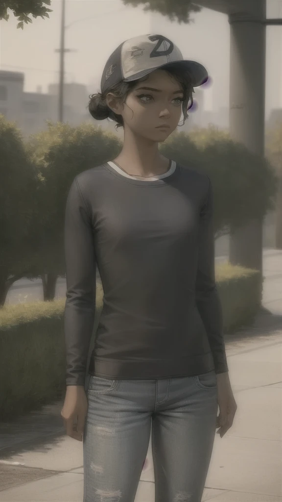 ((Masterpiece, best quality)),(Complex lighting) , alone,1 girl, Clementine, black skin, baseball cap, jeans, shirt,long sleeve, low boxing, hair bun,