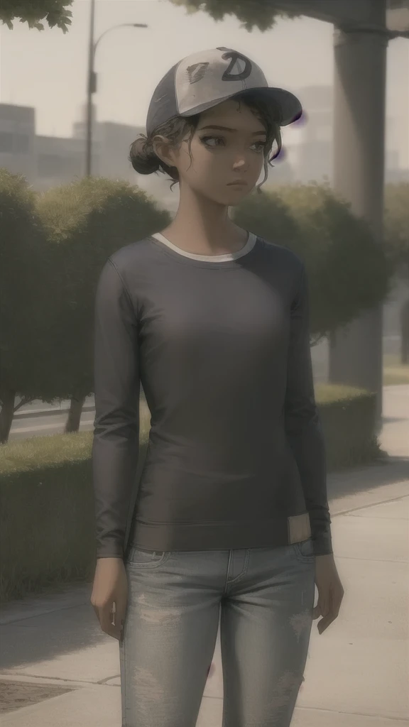 Masterpiece , highly detailed , best quality , perfect face , green eyes , fubuki , wearing short sleeves yellow printed t-shirt and blue jeans , in city , handcuffed behind back by female police officer , looking at camera , standing still 