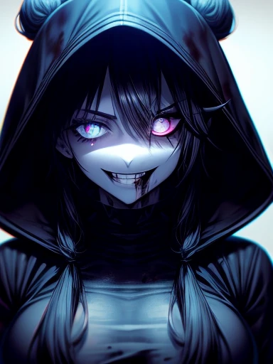 score_9, score_8_superior,score_7_superior, sauce_anime, evaluation_i doubt it, One girl, alone,EPpkNe, blue eyes, Black Hair, Blue Hair, Striped Hair, Single hair bun, Dark Skin, Dark skinned women, Large Breasts, Edgewraith, Hooded cloak, armor, Torn clothes, pale ,wearing Edgewraith , Black Lips, Black Eyeshadow, Black nails, Black Leather, night, alley, Empty Streets, full moon, One \(animal\), Creepy abominations, Green Energy, Malicious forces, Evil Necromancer, an  ominous, Satanic, malicious, Atrocious, Blood, Blood splatter, Blood stain, tooth, Sharp teeth, Grin, Crazy Eyes, Crazy Smile, Monochrome, grayscale, manga, Multiple Views,
