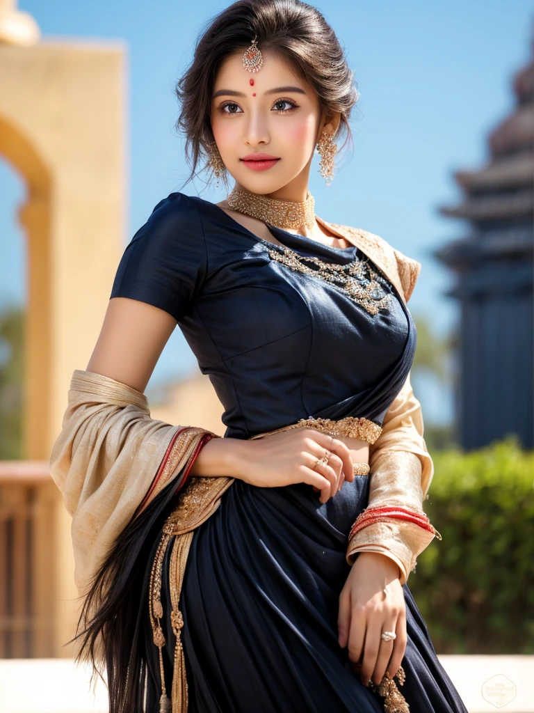 A young woman adorned in very elegant traditional Indian attire. Indian wedding photoshoot. ((Perfect face))