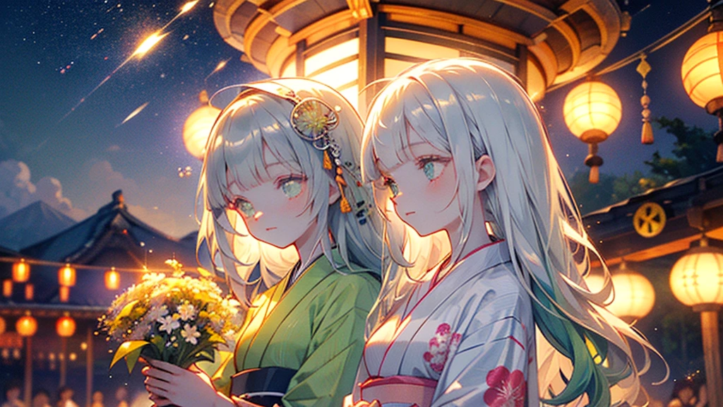 ♥(Beautiful Japanese floral kimono,yukata),((One girl,cute,young,Beautiful medium-long silver-green hair,Blunt bangs,A Tale of Twins,Beautiful green eyes)),(alone),((masterpiece, Highest Resolution,Highest quality)), (Beautiful illustrations),(Beautiful Japanese floral kimono,yukata),
(Looking at the audience), An innocent smile,Cinema Lighting,Japanese Festivals,Stall,firework,Night Sky,full moon,shooting star,