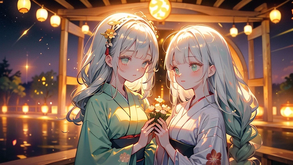 ♥(Beautiful Japanese floral kimono,yukata),((One girl,cute,young,Beautiful medium-long silver-green hair,Blunt bangs,A Tale of Twins,Beautiful green eyes)),(alone),((masterpiece, Highest Resolution,Highest quality)), (Beautiful illustrations),(Beautiful Japanese floral kimono,yukata),
 (Looking at the audience), An innocent smile,Cinema Lighting,Japanese Festivals,Stall,firework,Night Sky,full moon,shooting star,
