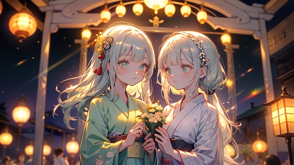 ♥(Beautiful Japanese floral kimono,yukata),((One girl,cute,young,Beautiful medium-long silver-green hair,Blunt bangs,A Tale of Twins,Beautiful green eyes)),(alone),((masterpiece, Highest Resolution,Highest quality)), (Beautiful illustrations),(Beautiful Japanese floral kimono,yukata),
 (Looking at the audience), An innocent smile,Cinema Lighting,Japanese Festivals,Stall,firework,Night Sky,full moon,shooting star,
