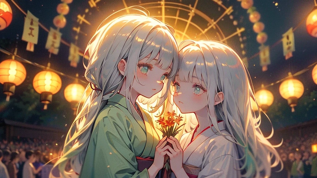 ♥(Beautiful Japanese floral kimono,yukata),((One girl,cute,young,Beautiful medium-long silver-green hair,Blunt bangs,A Tale of Twins,Beautiful green eyes)),(alone),((masterpiece, Highest Resolution,Highest quality)), (Beautiful illustrations),(Beautiful Japanese floral kimono,yukata),
(Looking at the audience), An innocent smile,Cinema Lighting,Japanese Festivals,Stall,firework,Night Sky,full moon,shooting star,