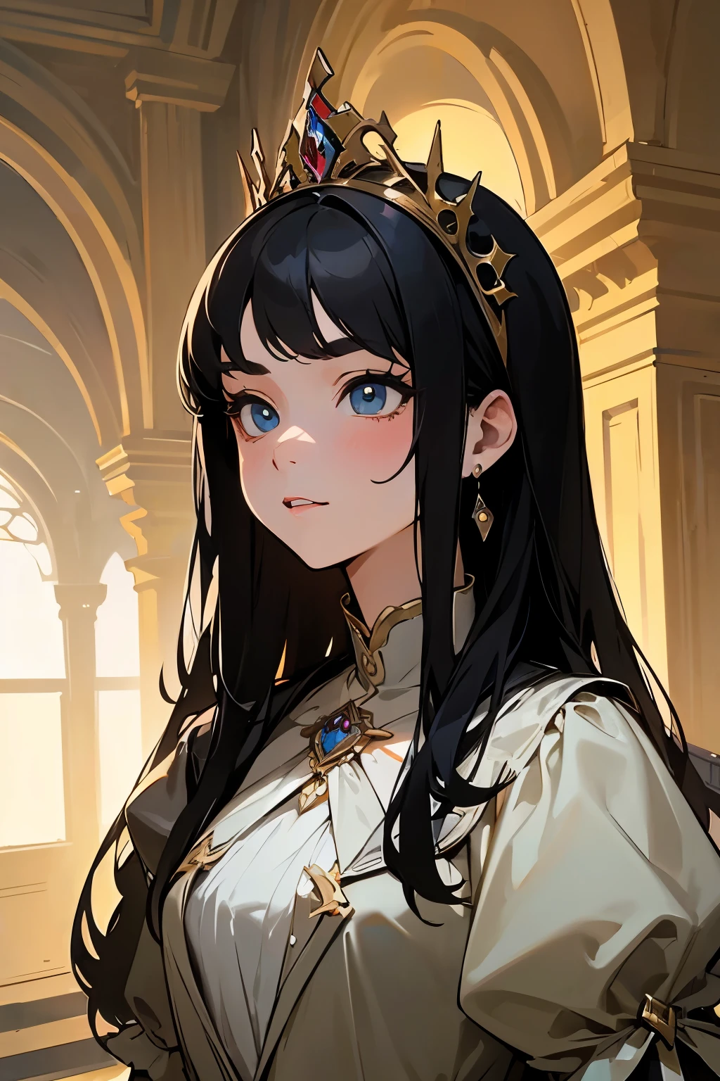 (masterpiece, best quality:1.5), brightening light, beautiful eyes, ultra-detailed face,  ((perfect anatomy)), (professional look), 
BREAK 1 girl, long hair, black hair, straight hair, short bangs above brows, 
BREAK princess dress, pincess costume, 
BREAK indoors, palace interior