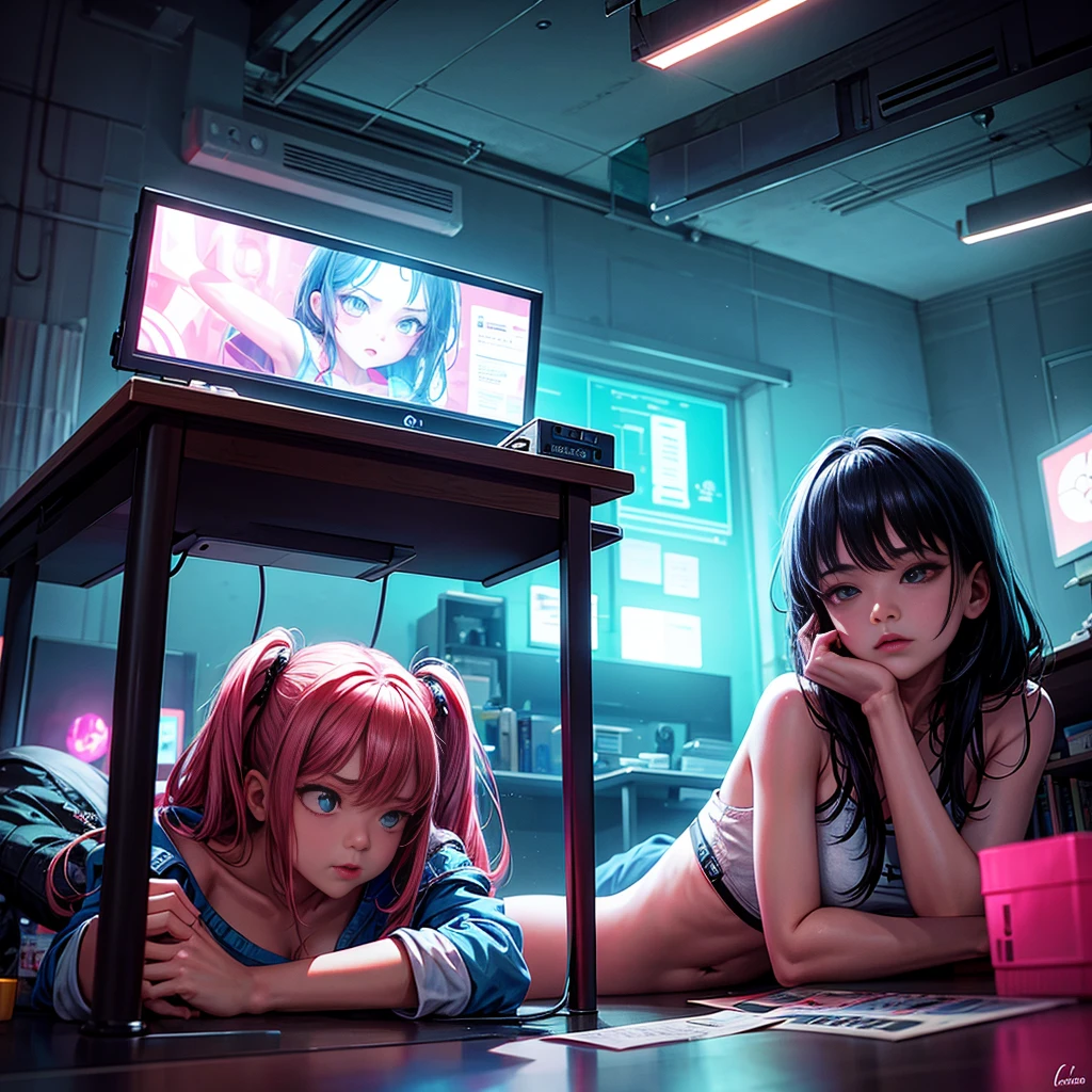 (nsfw, adult themes): A young woman is engrossed in a captivating video game on a large-screen TV, illuminating her small, dim teen room filled with books and cyberpunk elements. Inspired by Liam Wong's unique style, the room is bathed in the low, intense glow of a digital neon cityscape. A estudious gamer, Cyril, lies on the floor, her body rolled around in a loose, comfortable position, lost in the digital world. The scene is a lo-fi illustration, capturing the essence of a cozy yet electric setting—the perfect study space in her room.