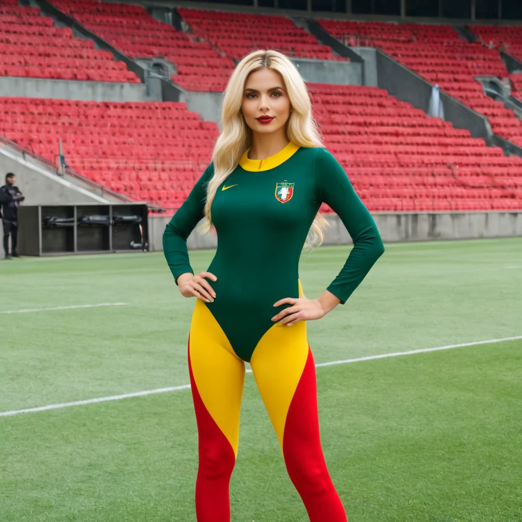 A beautiful Portuguese woman wearing a dark green and red  fit body suit stands next to a beautiful Romanian  blonde hair  woman wearing a yellow fit body suit. Both expressed confidence and support for their respective national football teams ,stadium football black ground