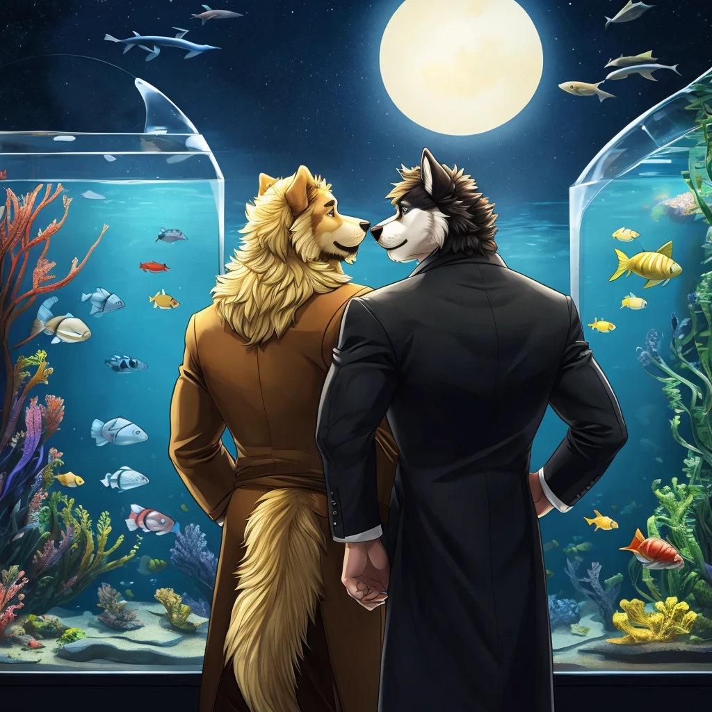 anthropomorphic golden retriever and husky mix, muscular, looking at a aquarium full of big fishes, no shading, simple, brown beard and moustache, blond fur, back view, night, black coat with yellow details, simple coloring, no shadows
