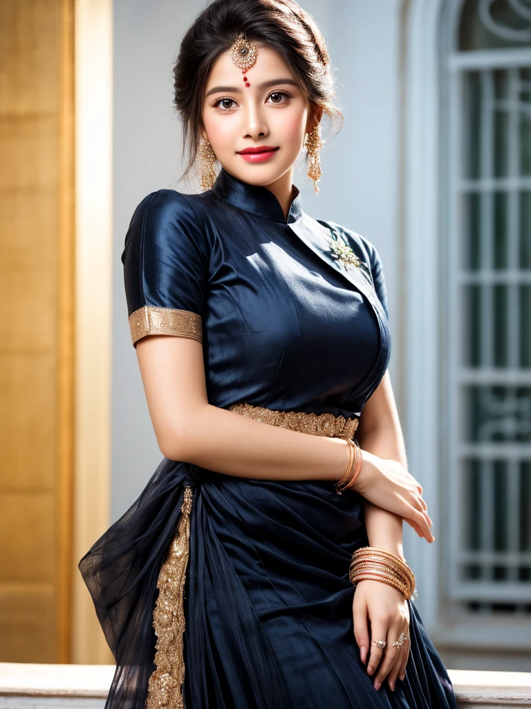 "Beautiful girl wearing elegant attire."