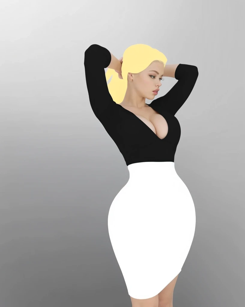 ((Beautiful Blonde girl, clara wilsey, loren gray, sophie mudd, Peyton List, 18 years))round breasts, slim waist, big hips, beautiful soft thighs, beautiful legs,Wearing tight white bodycon skirt, and black cotton-Lycra-fabric semi-long sleeve cleavage top, Vibrant, vivid, HDR, 8k, ((detailed: 1.4)), ((hyper realistic)), Extremely Realistic, Realism, Portrait, Raw photo, Photography, Photorealism, Photoshoot,