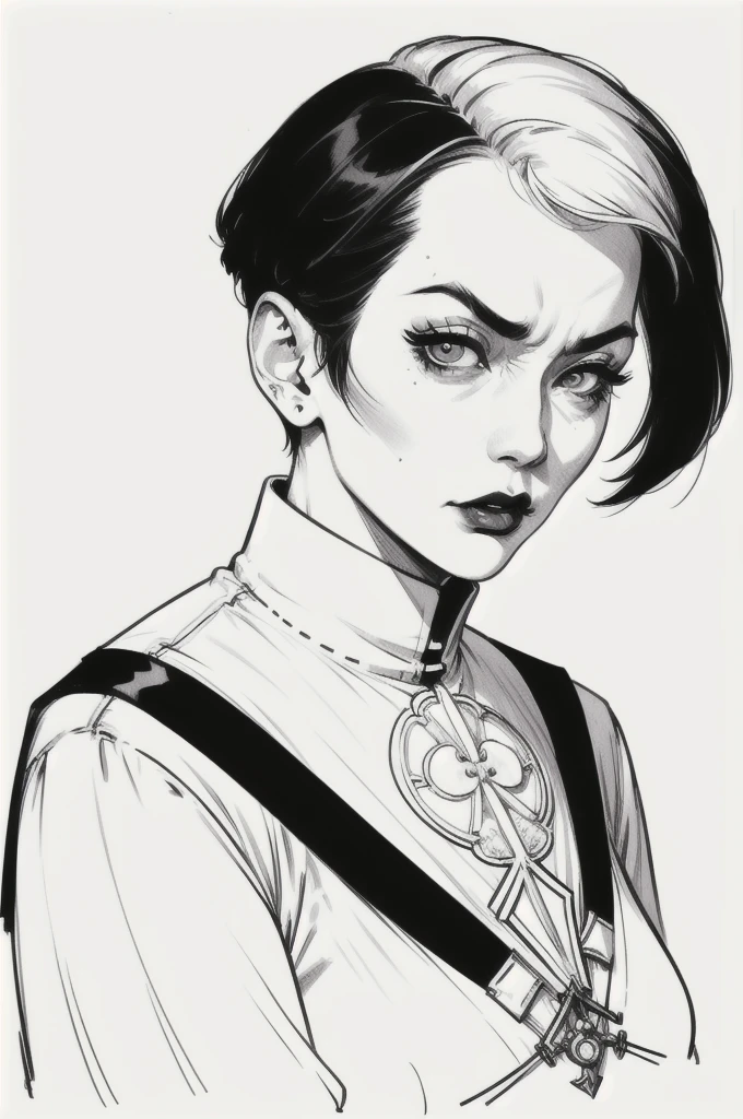 Drawing of a mature woman, realistic portrait, upper body, goth asian girl, white hair, channel haircut, mad face, rebel outfits, punk, horror look. Best lineart, clean flat lineart, Black and white monochrome, thin pen lines. No colors or shading. Flat white background