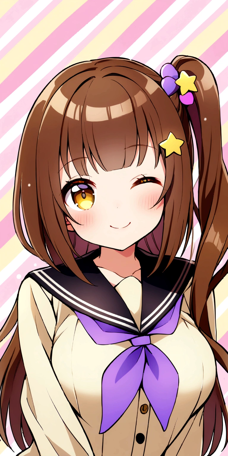 Ichige style, One girl, alone, Brown Hair, heart, hair ornaments, , Side Ponytail, smile, View your viewers, neckerchief, Upper Body, heart hair ornaments, cardigan, Sailor collar, Seraphim, black Sailor collar, bangs, Yellow Eyes, Mouth closed, Long Hair, Brown eyes, purple neckerchief, Striped background, clavicle, Striped, Polka dot pattern, star (symbol)、Micro Bikini、Big Tits