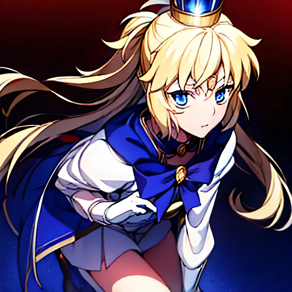 (masterpiece), Highest quality, Expressive eyes, Perfect Face, 1 boy, alone, blonde, blue eyes, seifuku, Sailor Moon Form, Blue Skirt, A golden crown with a red heart in the middle, White top, White long gloves