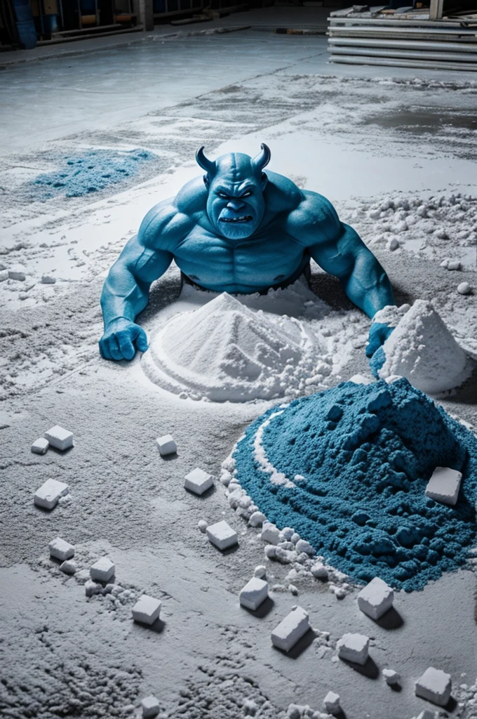 Blue ogre with piles of flour on the floor