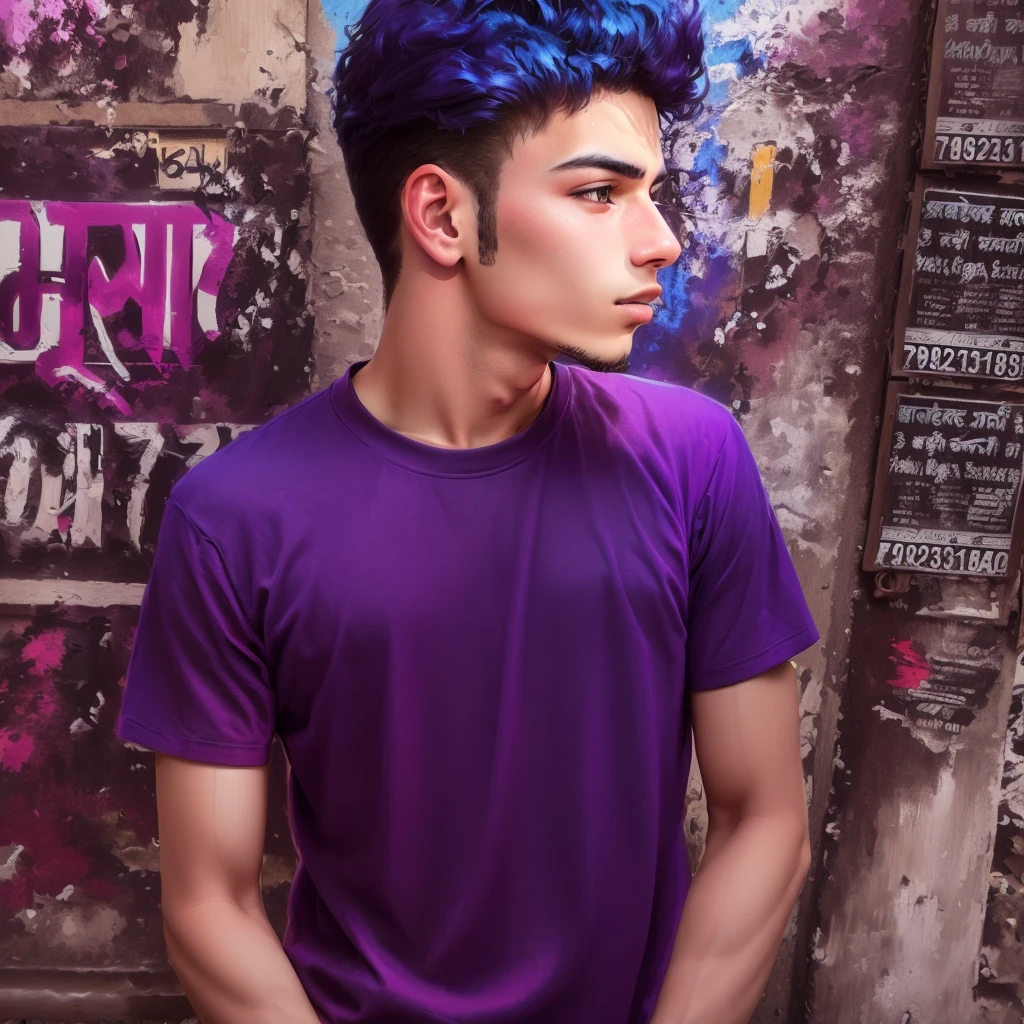 arafed man standing on a sidewalk in front of a wall with graffiti, with accurate face, candid picture, with a cool pose, around 1 9 years old, with lovely look, in tshirt, * colour splash *, with beautiful colors, candid photo, profile pic, very very low quality picture, violet coloured t-shirt,  profile picture