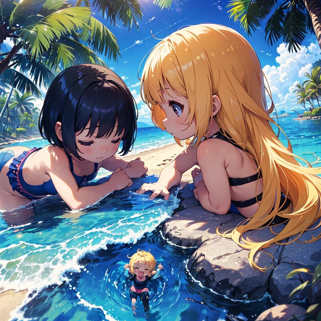 Super high quality, 64k, Super fine detail illustration, Beach (tropical, palm tree, tropical animals, very sunny), 3 Girls (1 (1), 1.5), Cute swimsuit, (short arms: 1.5), round face, (: 1.8), bare feet, (child: 1.9), (baby face: 1. 4)), sun, breast (flat, blonde, very long hair, head tied up, surface effect, color effect), profile, (3) young girls, one eye closed, mouth wide open, side view,)),
Translated with DeepL.com (free version)