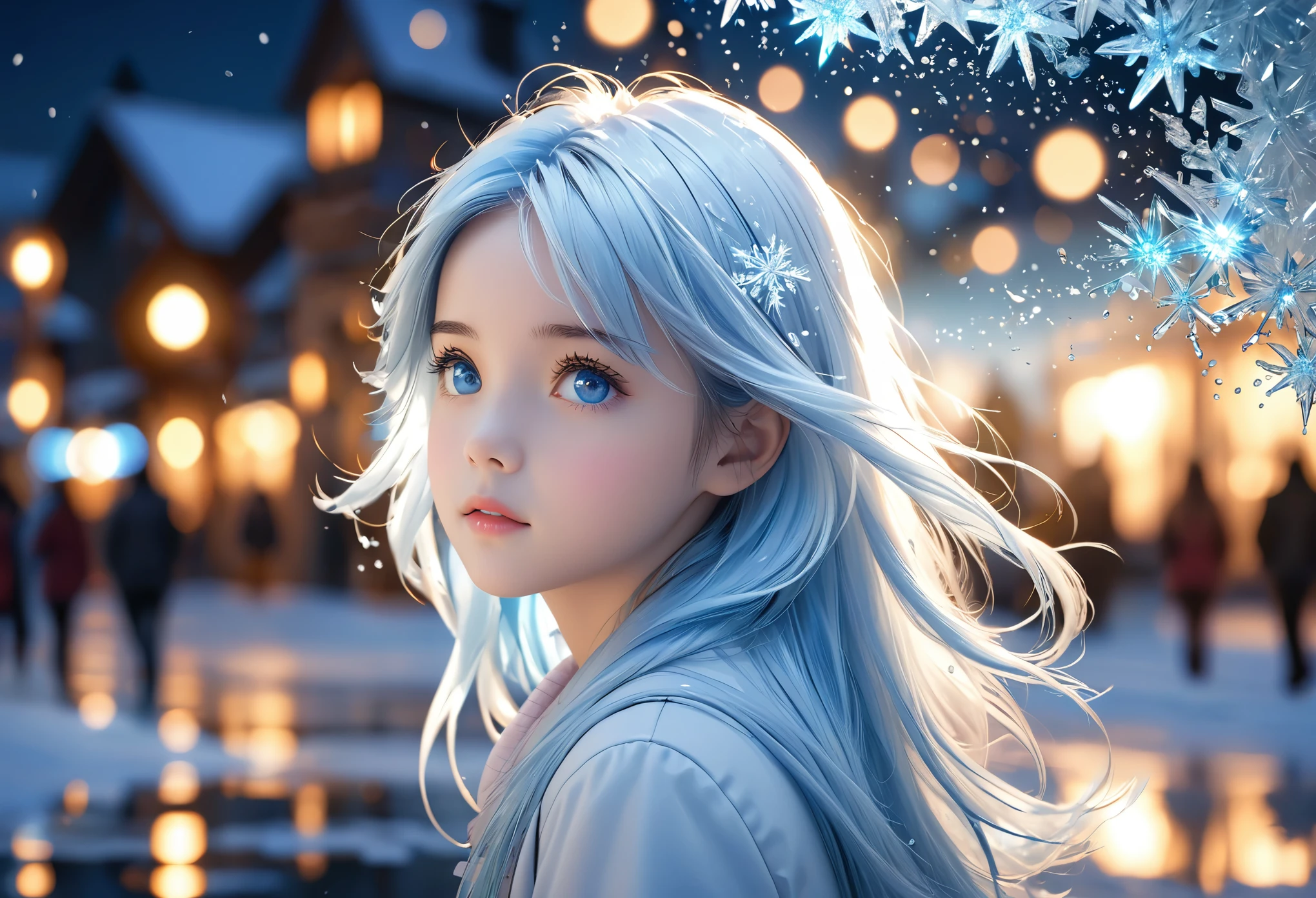 beautiful, a little girl, in the crystal and ice area , fluttering ice and snowing, ice crystals, streaked hair, sliver hair, sky blue hair, long hair, blue eyes, eye reflection, look into the distance, ray tracing, reflection light, blurry, glowing light, shallow depth of field, chiaroscuro, stereogram, zoom layer, side, bokeh, masterpiece, best quality, high quality, UHD, rich detail background, 