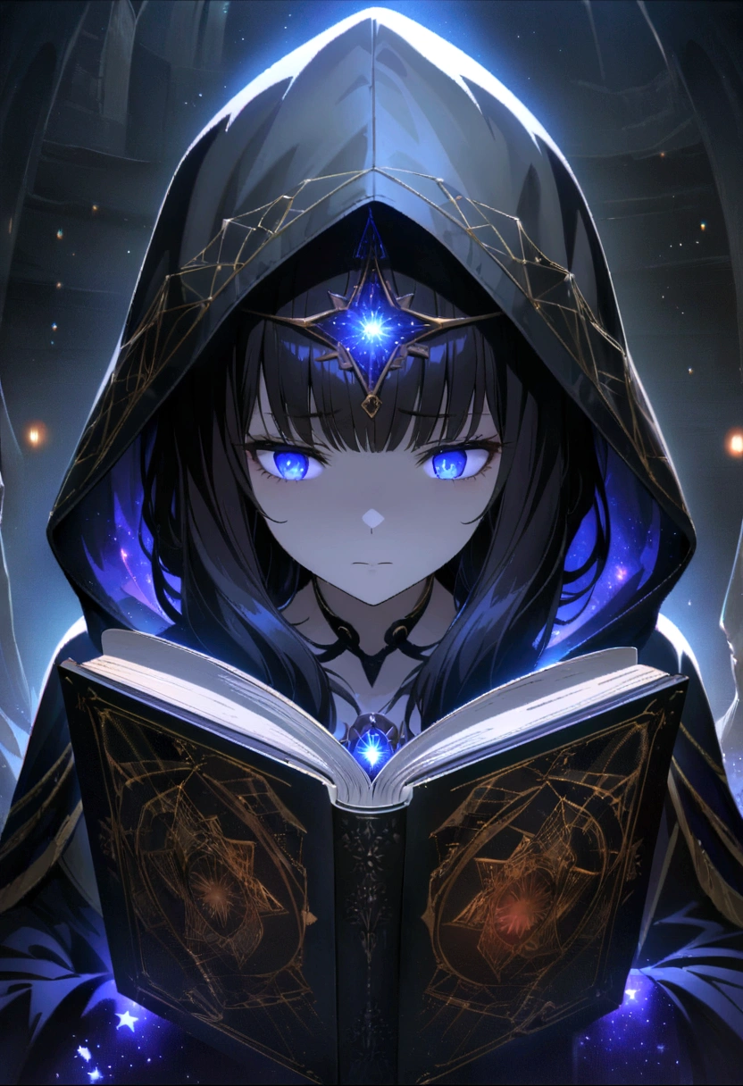 Portrait of a gloomy woman in a hood reading a book, portrait of a night goddess, girl with a sad face, glowing eyes, in the background are stars, dark divine, bleck hood, long dark hair with stars, darkness magic, best quality, ultra-high resolution, 4K detailed CG, masterpiece, aesthetic, centered on the screen