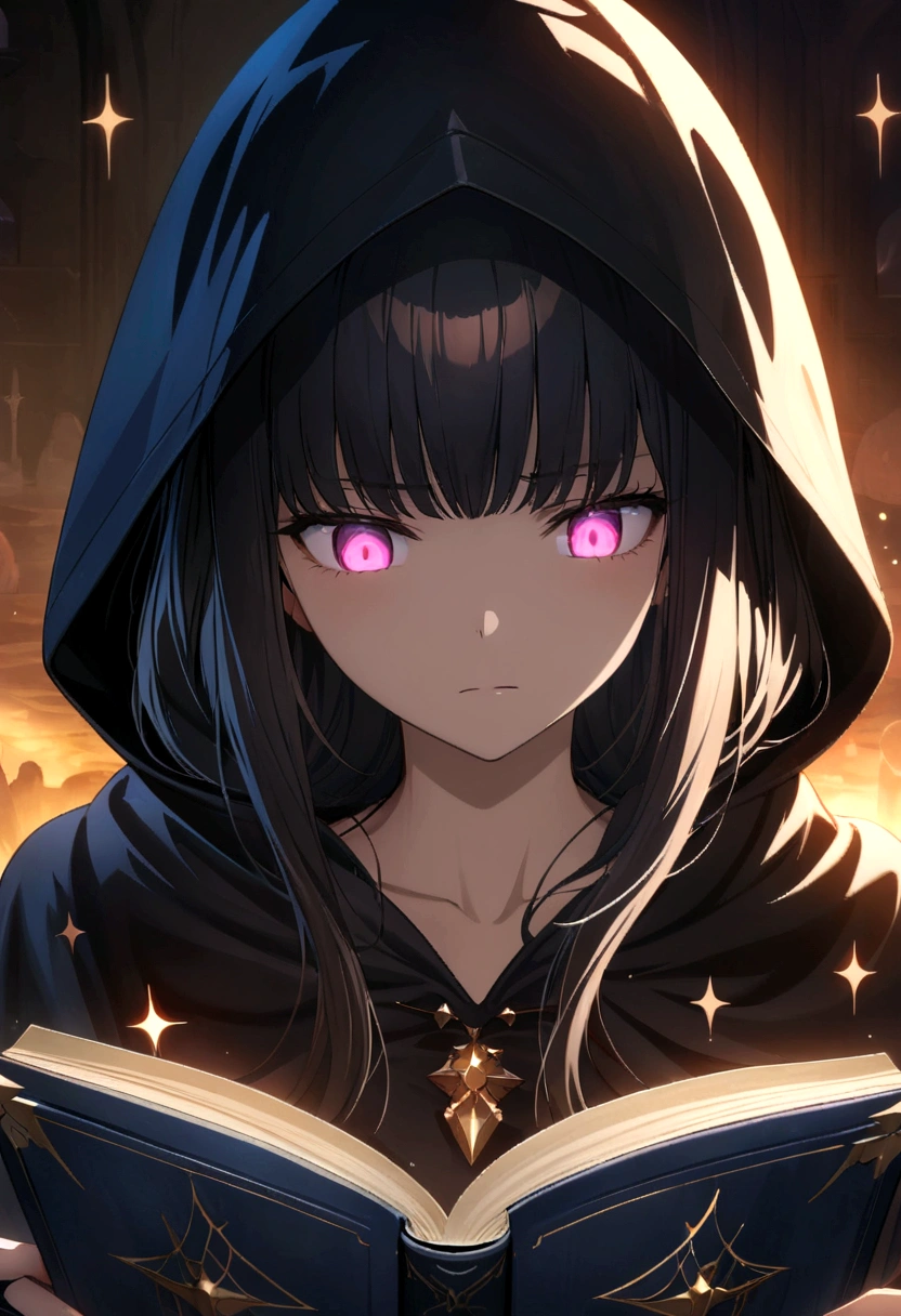 Portrait of a gloomy woman in a hood reading a book, portrait of a night goddess, girl with a sad face, glowing eyes, in the background are stars, dark divine, bleck hood, long dark hair with stars, darkness magic, best quality, ultra-high resolution, 4K detailed CG, masterpiece, aesthetic, centered on the screen