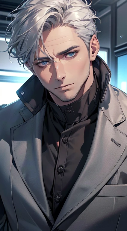 (best quality,4k,8k,highres,masterpiece:1.2),ultra-detailed,(realistic,photorealistic,photo-realistic:1.37),cinematic lighting,1:4 hdr image,a mature man, 32 years old,very handsome,cold expression,short grey white hair,blue eyes,flawless face,buttoning his jacket,CEO