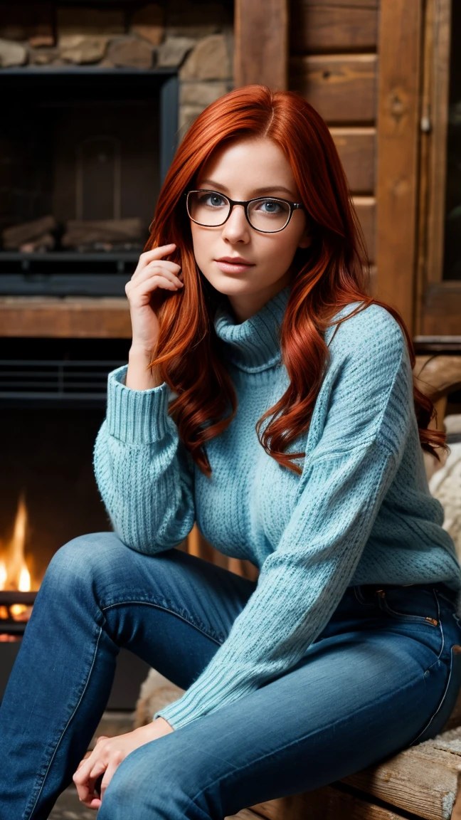 single focus lens, face is realistic, sensual woman, photographed, red hair, ice blue eyes, narrow waist, beautiful breasts, (sweater and jeans:1.2), at a cabin in the woods, with glasses, sitting by the fireplace, looking cozy and content.