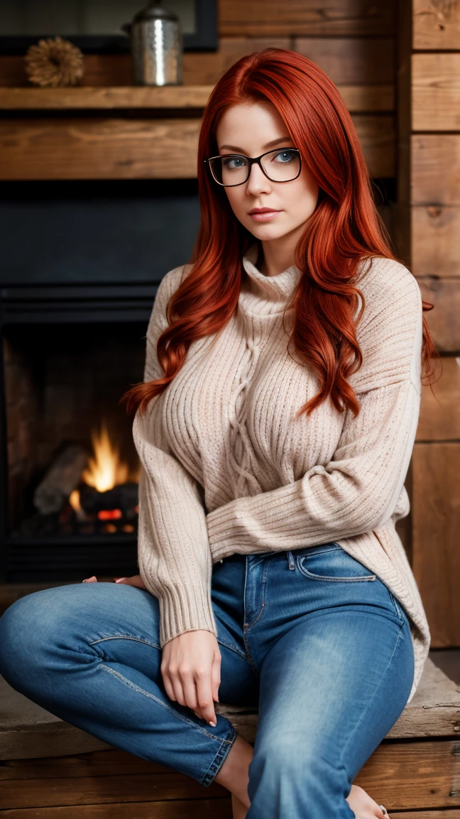 single focus lens, face is realistic, sensual woman, photographed, red hair, ice blue eyes, narrow waist, beautiful breasts, (sweater and jeans:1.2), at a cabin in the woods, with glasses, sitting by the fireplace, looking cozy and content.