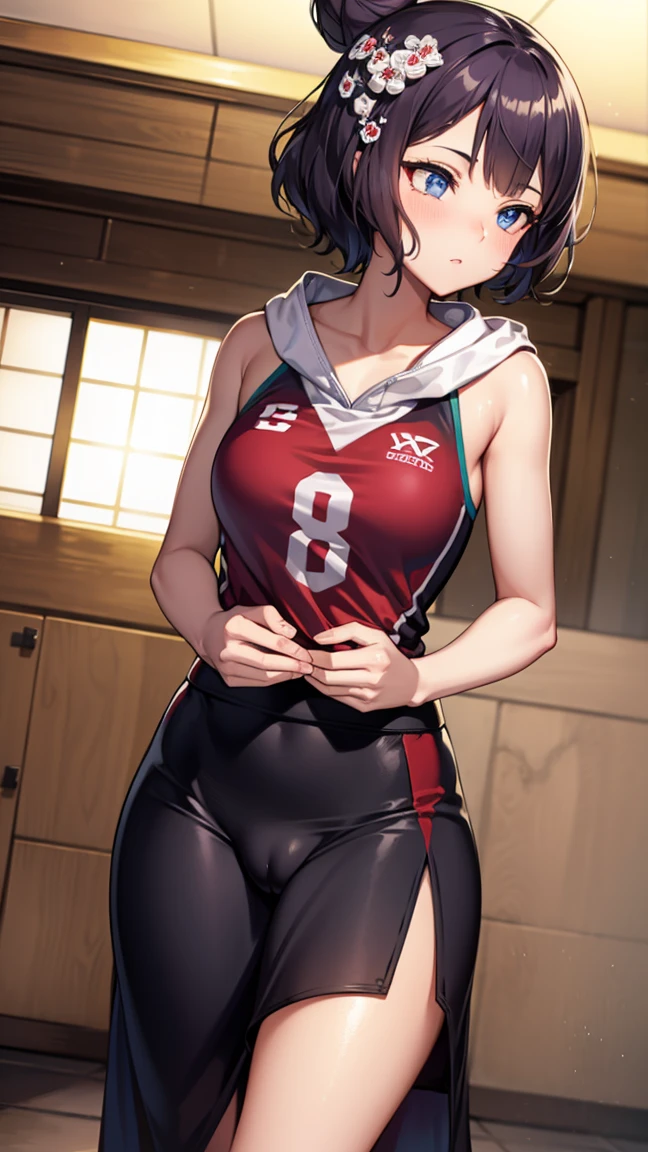 hokusai, short hair, bangs, hair ornament, (purple eyes:1.1), purple hair, flower, hair flower, hood, hair bun, single hair bun,
BREAK (blouse and long skirt:1.2),
BREAK (crotch rope walking:1.0), volleyball player, shiny skin, watching the view, seductive thighs, cameltoe, bare arms, bare hands, bottomless,
BREAK (masterpiece:1.2), best quality, high resolution, unity 8k wallpaper, (illustration:0.8), (beautiful detailed eyes:1.6), extremely detailed face, perfect lighting, extremely detailed CG, (perfect hands, perfect anatomy),