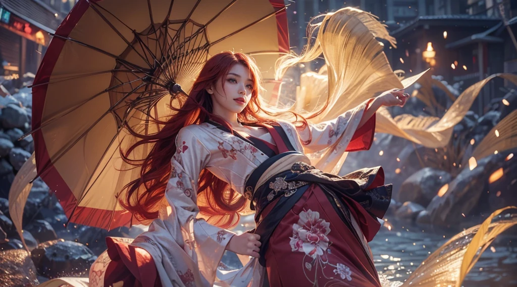 girl with red hair holding a umbrella, red lips glossy, 8k, ultra hd, ultra detailed texture, hyper realistic, masterpiece, detailed texture, detailed face, detailed skin, detailed lighting, (photorealistic:1.5), best quality, beautiful lighting, cinematic lighting, professional lighting, ultra highres, realistic, detailed hair, real hair, high quality, (realskin:1.5), extremely detailed, finely detail, ultra-detailed, smile, kimono outfit, yellow eyes.