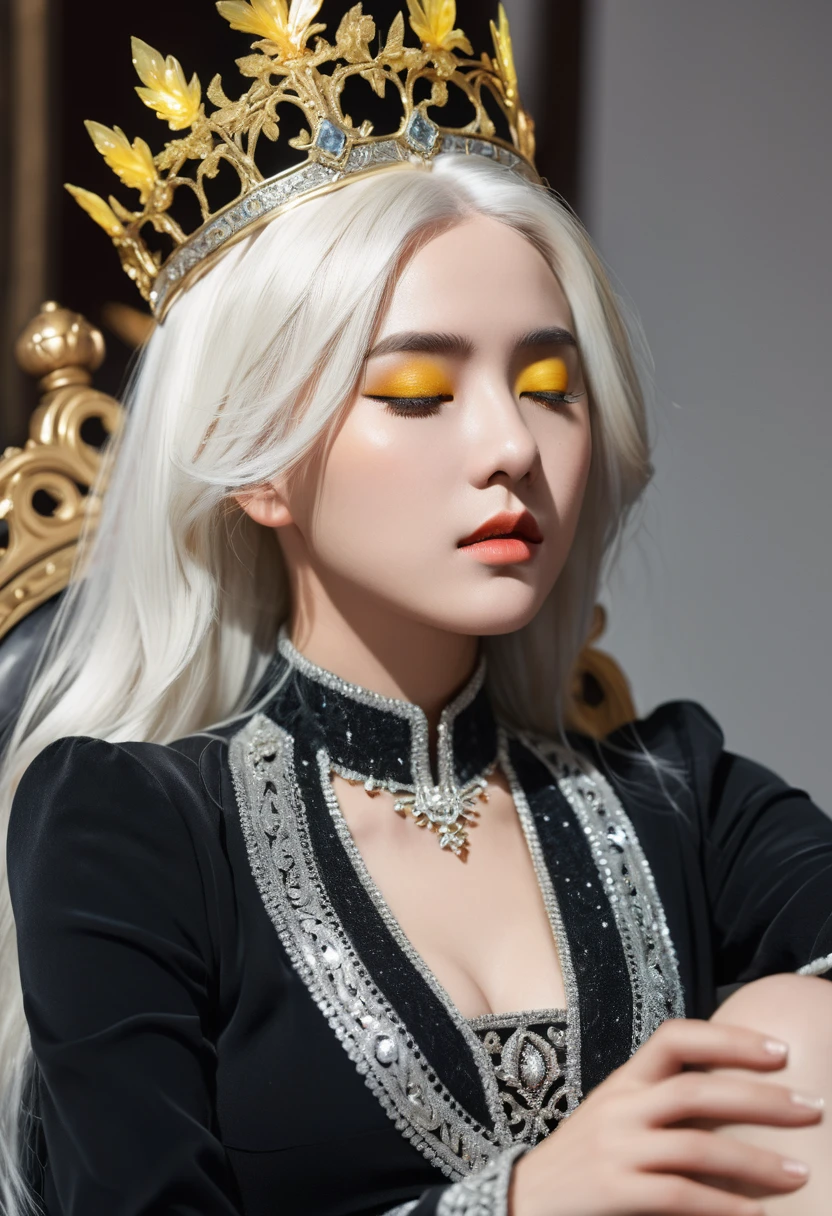 Hyperrealistic art, regal theme, low angle shot, highly detailed and intricate. A solo female with a perfect body, white hair, and glowing yellow eyes, dressed in black see-through clothes with an emperor’s aura. She’s wearing a crown, sitting on a throne, her eyes slightly closed and looking downward with a shy expression. The scene captures her turning her head, highlighting her detailed makeup and the high contrast lighting. The background is illuminated with cinematic light, creating a colorful and extremely delicate atmosphere.