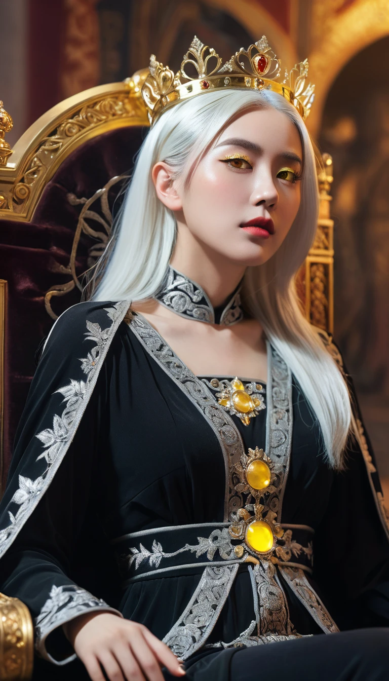 Hyperrealistic art, regal theme, low angle shot, highly detailed and intricate. A solo female with a perfect body, white hair, and glowing yellow eyes, dressed in black see-through clothes with an emperor’s aura. She’s wearing a crown, sitting on a throne, her eyes slightly closed and looking downward with a shy expression. The scene captures her turning her head, highlighting her detailed makeup and the high contrast lighting. The background is illuminated with cinematic light, creating a colorful and extremely delicate atmosphere.