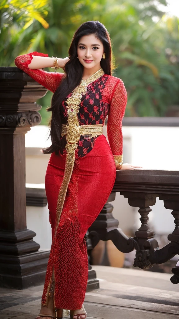 masterpiece, ultra realistic,32k,intricate details, sharp focus, realistic, closed, seductive pose, black eyes, jewelr, lips, realistic, looking_at_viewer, irene1, wet skin, shiny skin, long sleeves, indonesian clothes, bali, balinese, cityscape, dynamic pose, red kebaya,full body,busty body,curvy body,long hair,beauty face,cowboy shot