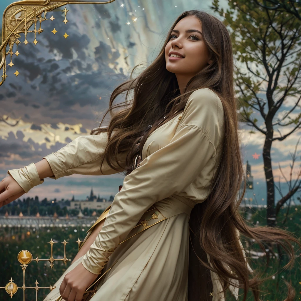 Adriana Lima, thick brown hair, hot , Ukrainian girl, wavy brown hair, Dasha Taran, pretty beautiful brunette, (solo one girl : 2.0), ((perfect anatomy)), ((Masterpiece:1.2, The best quality)), 1woman, only, (witch has), blond hair, long hair, dress, Aurora, evening, Star (sky), gloves, sky, White dress, evening sky, Open mouth, starrysky, gold eyes, Love, Very long hair, Red dress, They are smiling, Hair Love, cable, blond hair, (bird), magical, casting spell, dark clouds, evening, (Impressionism:1.4), (tarot:1.3), alphonse much
