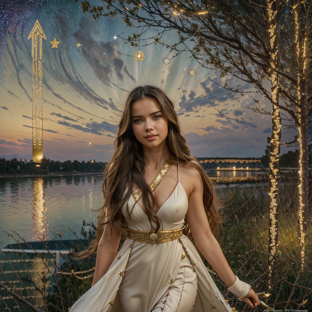 Adriana Lima, thick brown hair, hot , Ukrainian girl, wavy brown hair, Dasha Taran, pretty beautiful brunette, (solo one girl : 2.0), ((perfect anatomy)), ((Masterpiece:1.2, The best quality)), 1woman, only, (witch has), blond hair, long hair, dress, Aurora, evening, Star (sky), gloves, sky, White dress, evening sky, Open mouth, starrysky, gold eyes, Love, Very long hair, Red dress, They are smiling, Hair Love, cable, blond hair, (bird), magical, casting spell, dark clouds, evening, (Impressionism:1.4), (tarot:1.3), alphonse much