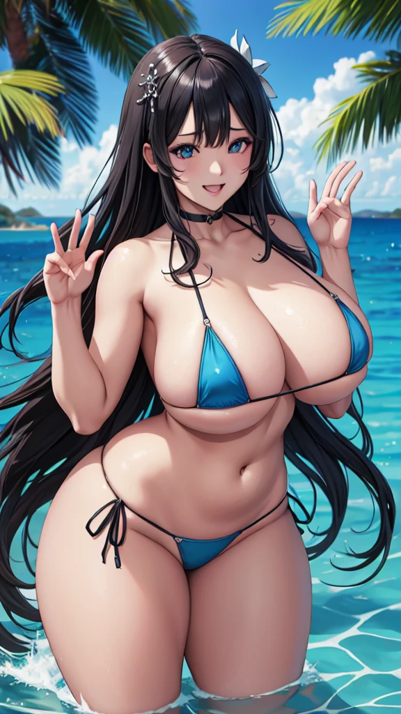 NFSW, water着, One girl, eyes, large 胸, belly button, water, Close one eye, Nipple slip, Open your mouth, Thighs, slingshot water着, bikini, null, Underarm, View your viewers, Outdoor, Wet, thick Thighs, Raise the hand, hair ornaments, 色んなバリエーション thin micro bikini, Day, Covered nipples, water遊び, smile, null